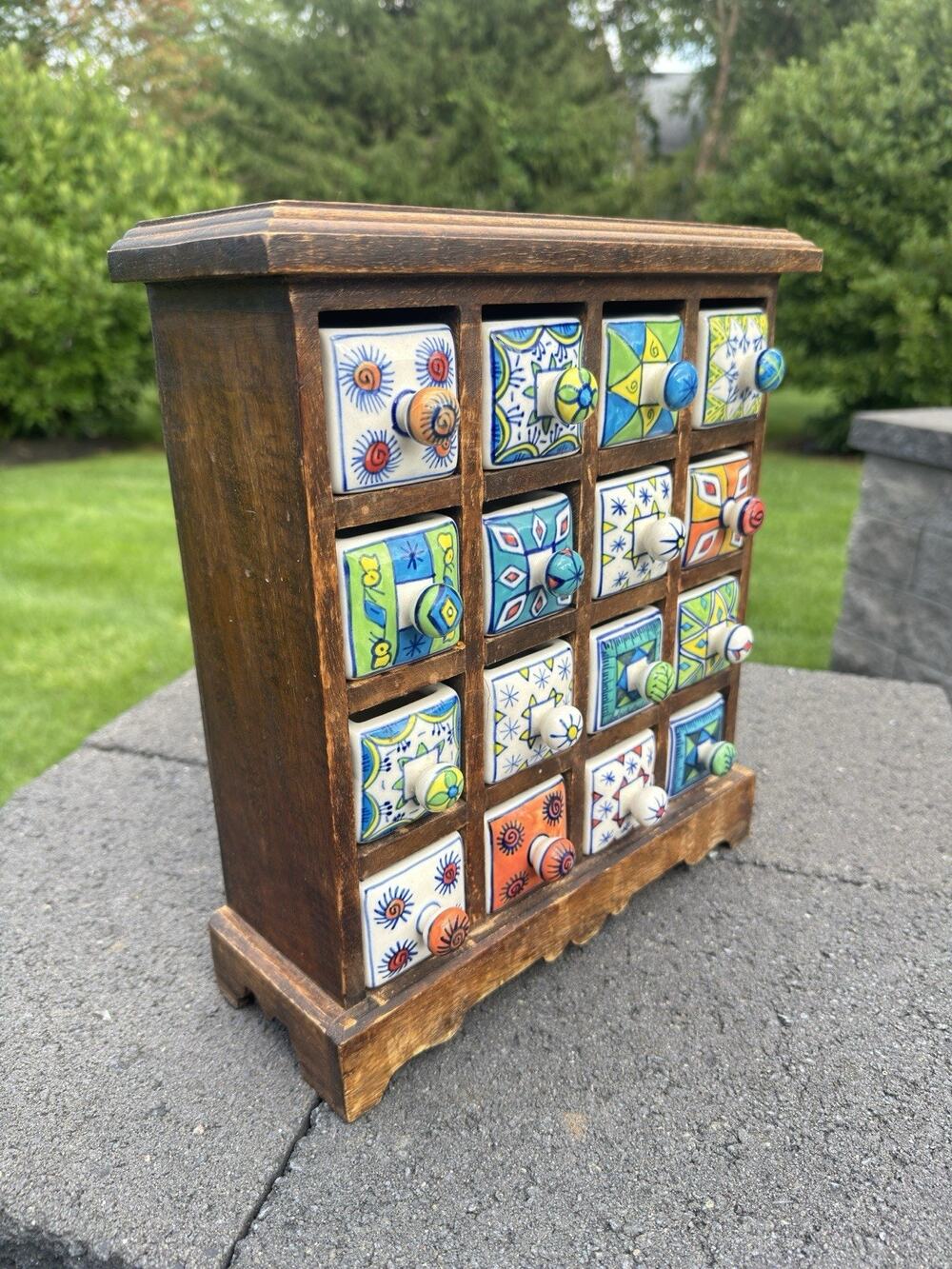 VTG Pier 1 Wood Ceramic Apothecary 16 Drawer Hand Painted Tea Spice Caddy 13x12”